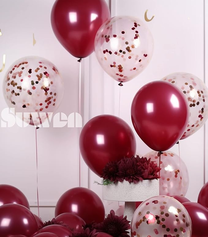 SUWEN Burgundy Balloons and Burgundy Confetti Balloons Set 47PCS Shiny Latex Helium Maroon Balloon for Birthday Graduation Anniversary Party Decorations
