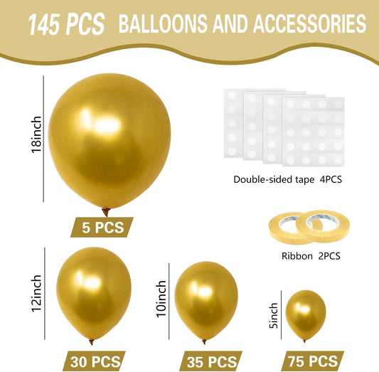 Metallic Gold Balloons 145pcs Different Sizes 5in 10in 12in 18in Chrome Gold Shiny Round Latex Balloon Helium Arch Kit Garland for Wedding Baby Shower Birthday Party Decor