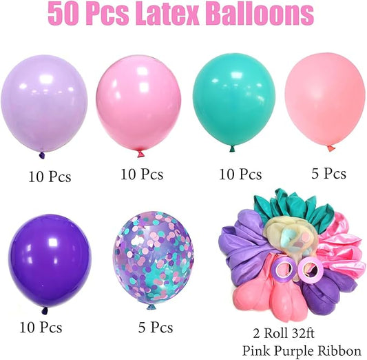 Pink and Purple Party Balloons, 50 Pcs 12 Inches Purple and Pink Teal Blue Latex Balloons for Birthday Birthday, Under The Sea Party Decorations