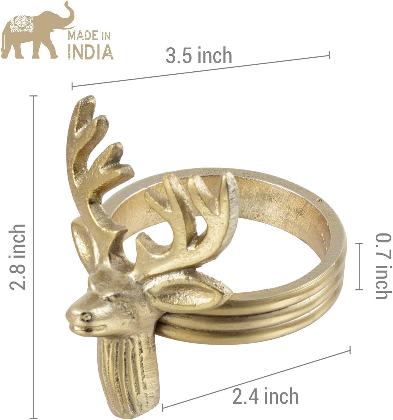 MyGift 4 Pc Deer Head Brass Napkin Rings, Decorative Brass-Tone Cast Aluminum Reindeer Ring for Dinner Napkins, Elk Shaped Cloth Serviette Holder - Handcrafted in India