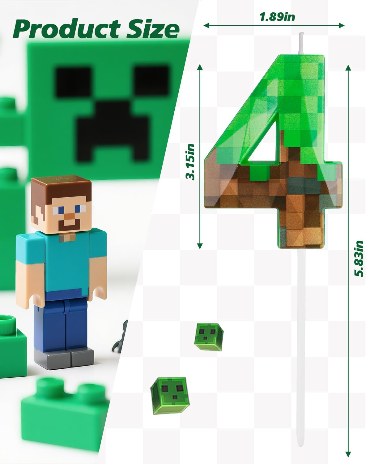 Pixel Birthday Candle, 2.68 Inch Miner Number Candles, Game Themed Candle Birthday Decoration for Pixel Theme Birthday Anniversary Dynamite Video Game Party (Green, 4)