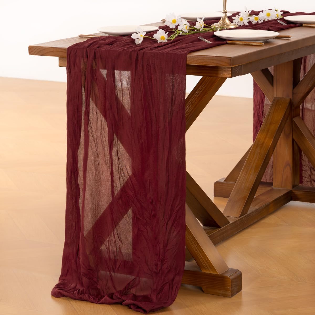 Socomi 6pcs Burgundy Red Fall Thanksgiving Cheesecloth Table Runner Boho Rustic Gauze 120 inch 10FT Cheese Cloth Runner for Wedding Party Baby Shower Birthday Home Decor Holiday Decorations