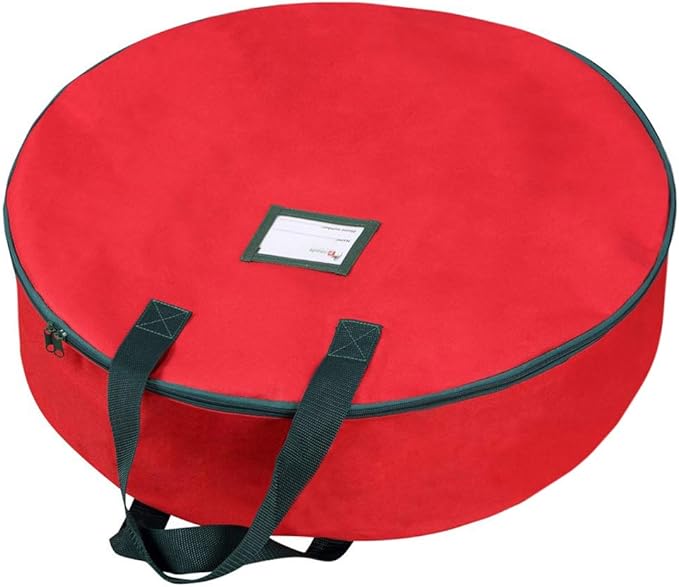 Primode Christmas Wreath Storage Bag 24" - 2 Pack Artificial Wreath Container - Garland Holiday Xmas Wreaths Holder - Sturdy Handles - Inner Straps - Card Slot Dual Zipper Strong Oxford (24 Inch, Red)
