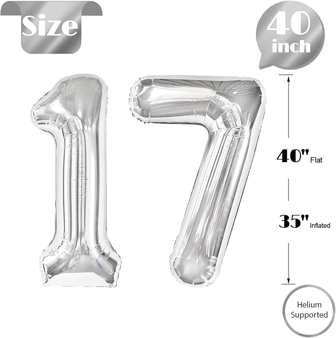 Silver Number 17 Balloon 40 inch, 17 Number Balloons, 17th Silver Birthday Decorations for Girls Boys Kids, 17 Year Old Silver Party Supplies