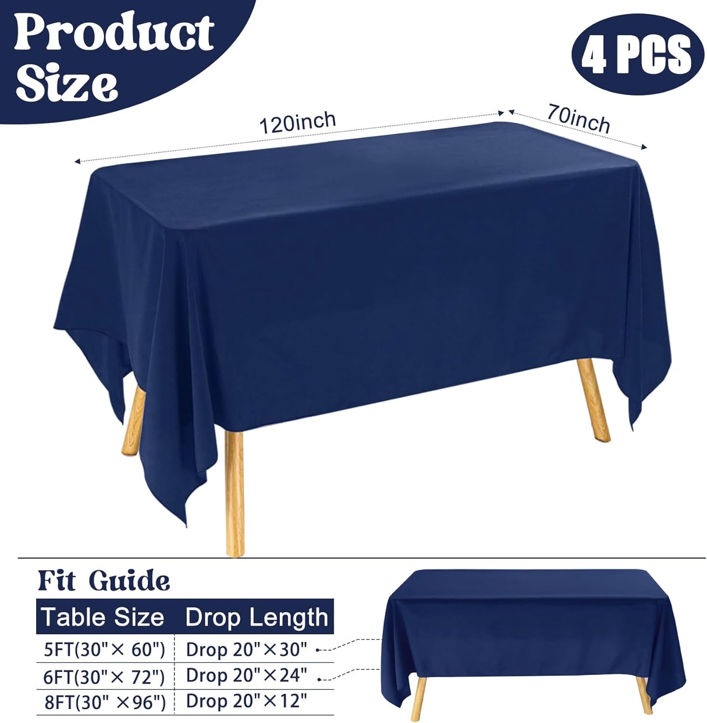 4 Pack Rectangle Tablecloth for 6 Foot Tables Washable Polyester Table Cover for Wedding Dining Table Parties Banquet（70x120 Navy Blue）