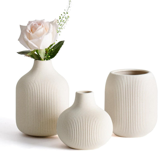 Modern Beige Ceramic Vase Set of 3, Ribbed Texture Boho Minimalist Home Decor, Small Decorative Vases for Centerpiece, Shelf, Tabletop - Aesthetic Touch for Neutral & Transitional Spaces