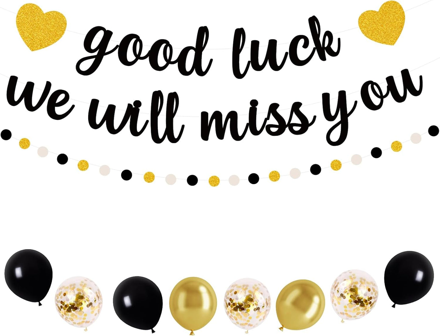 Farewell Party Decorations – Black Glitter Goodbye Banner “Good Luck, We Will Miss You”, Black Gold White Garland, Latex & Confetti Balloons for Retirement, Going Away, Goodbye Party Supplies