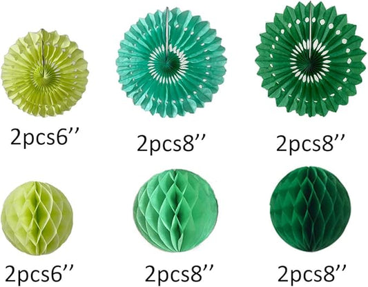 12pcs 6’’ 8’’ Honeycomb Balls Tissue Paper Fans Party Honeycomb Ball Fans Wall Decorations Tissue Pom Poms Flower Balls Hanging Paper Fans for Party Baby Shower Birthday Wedding Nursery(Green kit)