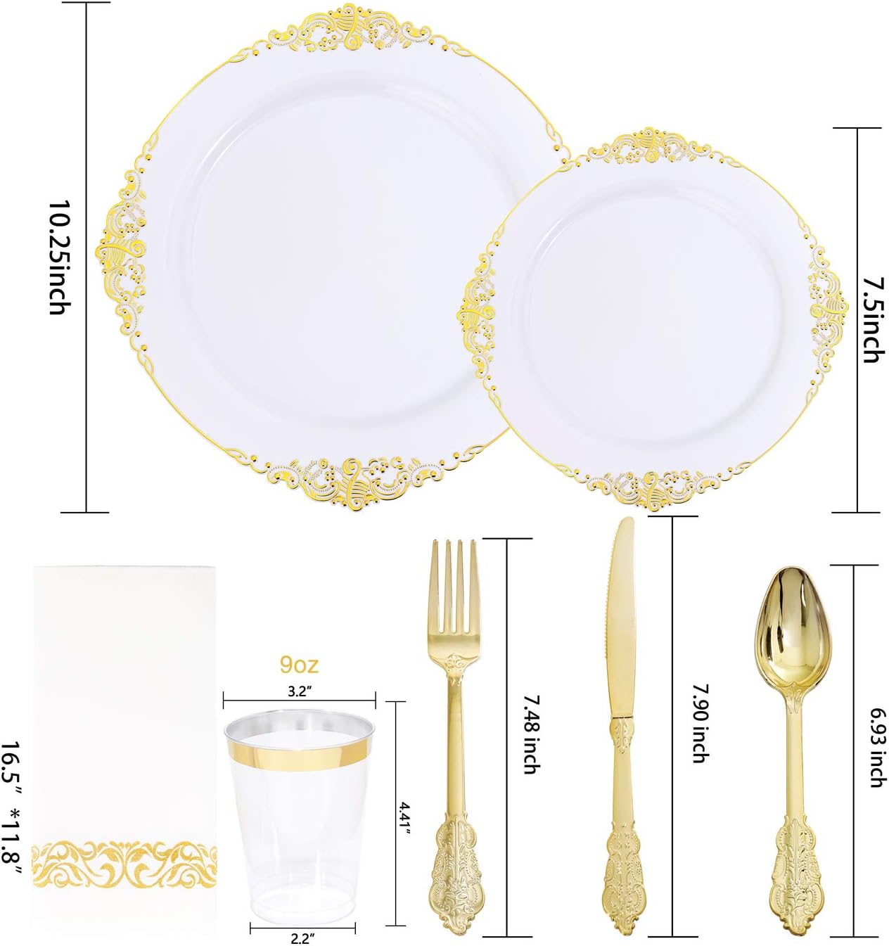 Nervure 175PCS White and Gold Plastic Plates - Disposable Dinnerware Set Include 50 Gold Plates for Dinner and Dessert, 75 Cutlery, 25Cups 25Napkins for Wedding & Party & Thanksgiving