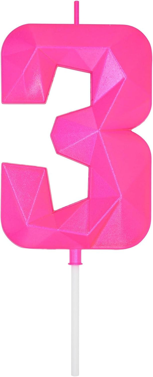 DERVENTA Large Birthday Candle Number 3D Pink 3.7 inch Party Celebration Anniversary Decoration Cake Topper 1 Piece (Number 3 Pink)