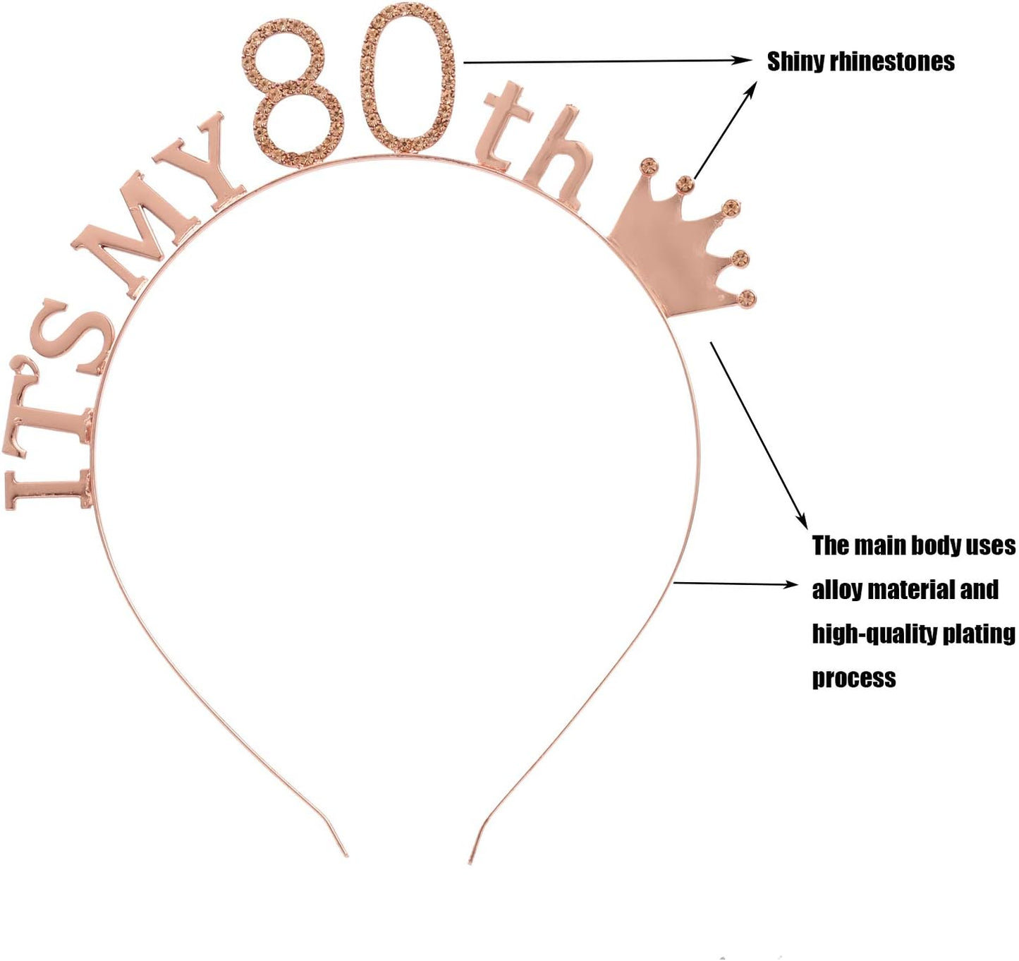 80th Birthday Tiara and Sash for Women, Crystal Headpiece Birthday Crown Party Supplies, Women's Birthday Gifts(Rose Gold)
