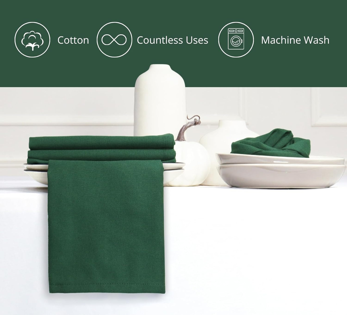 PurpleEssences Set of 12 Cloth Dinner Napkins 100% Cotton 18x18 Inch - Soft Durable Washable - Ideal for Farmhouse Party Fall Thanksgiving - Perfect Everyday Use Table Linen - Forest Green