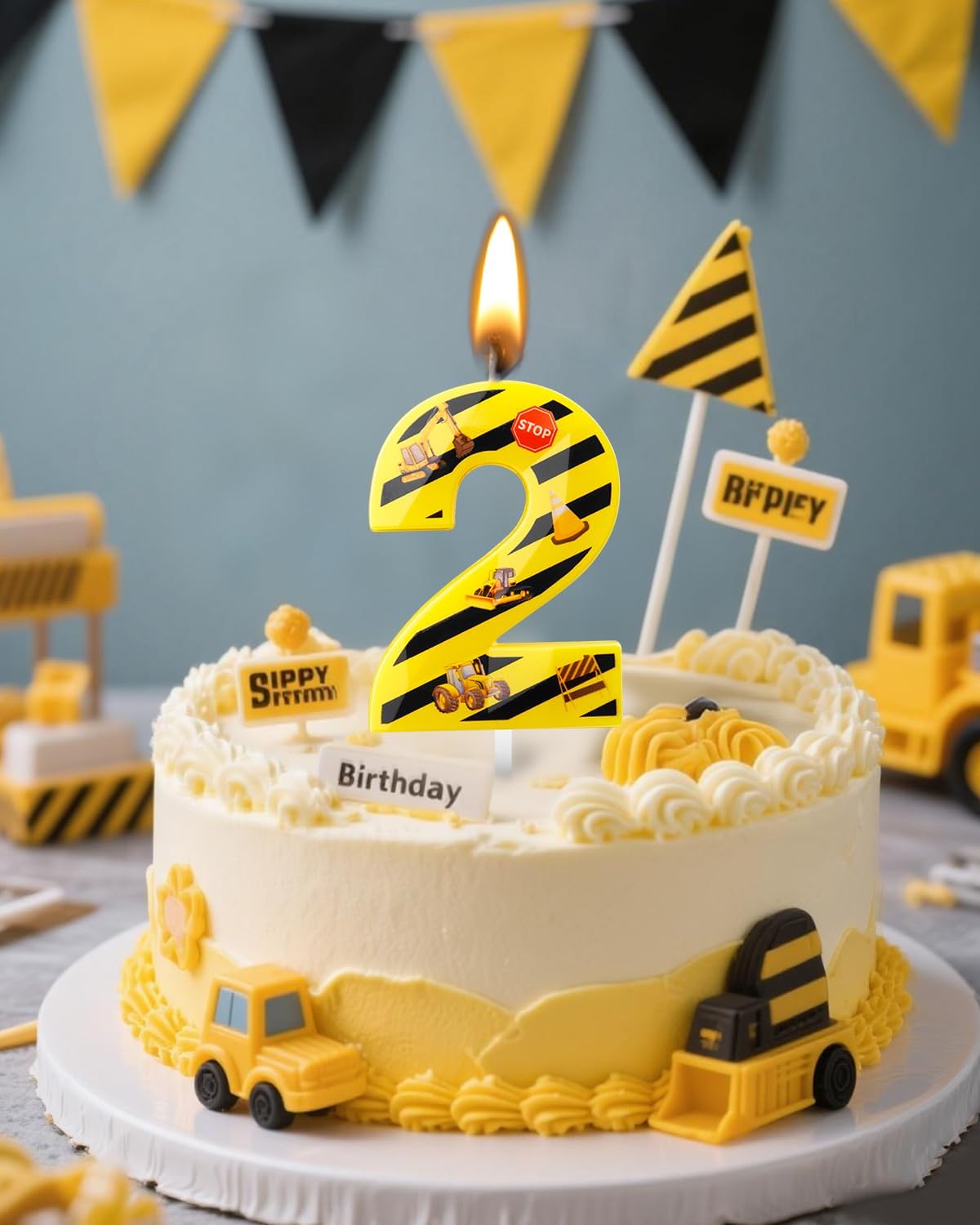 Number 2 Construction Birthday Candle, 2.68 Inch Yellow and Black Striped Candle, Birthday Candles Numbers Construction Cake Topper for Boys Girls, Construction Birthday Party Supplies Decorations