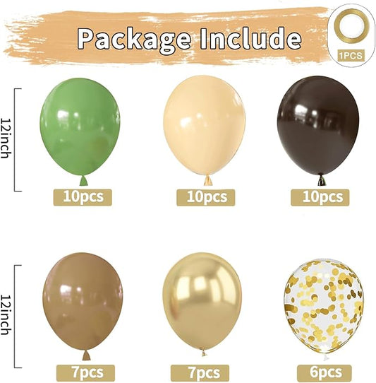 Zesliwy Sage Green Brown Balloons Set,50pcs 12inch Retro Green Dark Brown Nude Balloon and Tan Metallic Gold with Confetti Balloon for Jungle Safari Hunting Woodland Forest Birthday Party Decoration