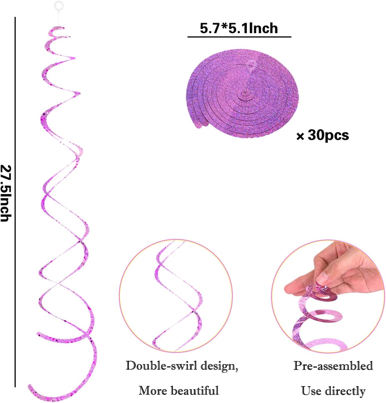 30 Pieces Pink Hanging Swirl Decorations Plastic Streamers Foil Swirls Ceiling Decorations Metallic Holiday Photo Backdrop for Girls Princess Baby Shower Babbie Mermaid Themed Birthday Party Supplies