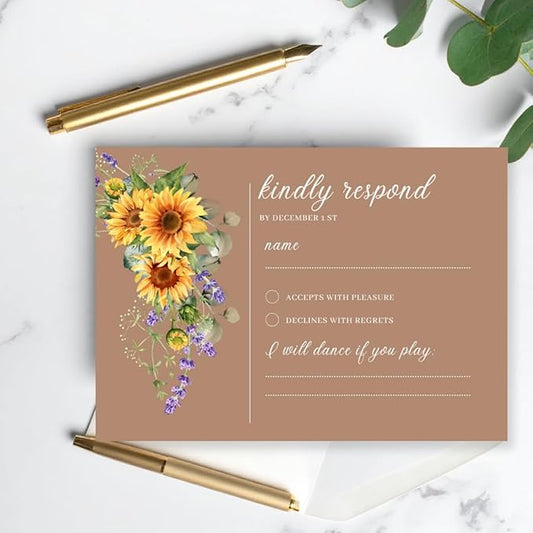 Preprinted Purple and Yellow Sunflower Wedding or Party RSVP Cards, Personalized Response Card Glossy Finish With White Envelopes, Set of 15 with Envelope, 5x3.5 inch Cards (Brown)