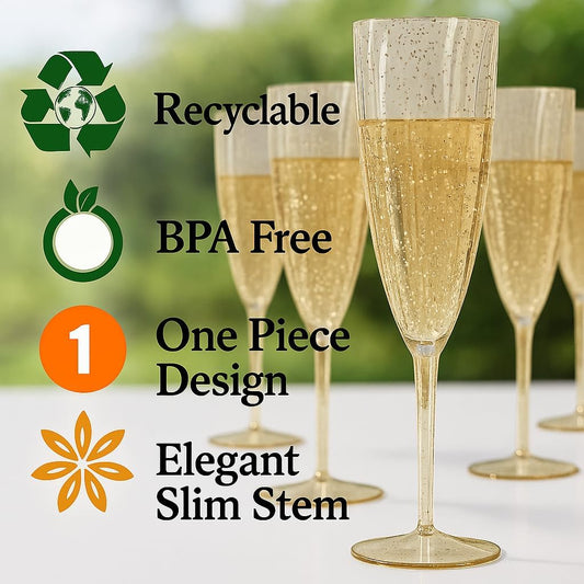 Oojami 6 Oz Gold Glitter Plastic Champagne Glasses 24 Pack Hard Disposable Plastic Champagne Flute Ideal for Home Daily Life Party Wedding Toasting Drinking Champagne Reusable Party Supplies