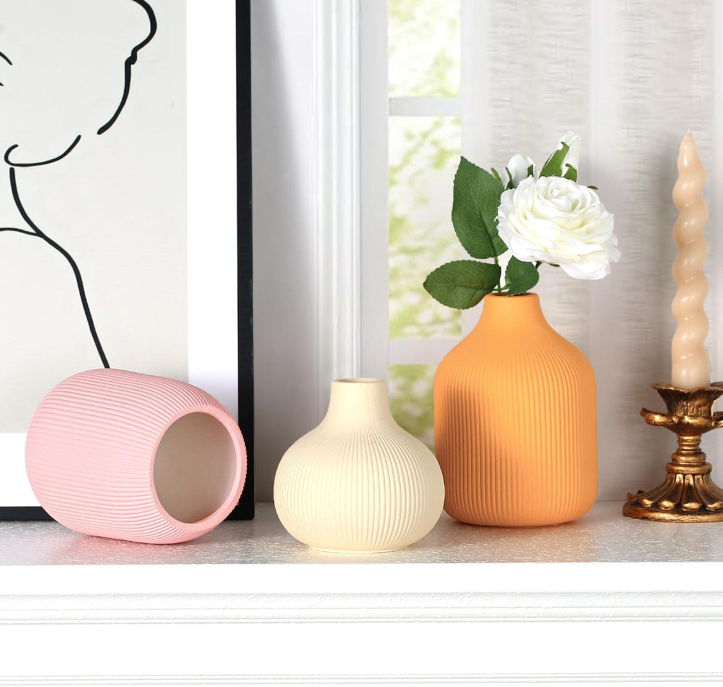 Boho Vase Set of 3, Modern Colorful Ceramic Vases with Ribbed Texture, Minimalist Home Decor for Centerpiece, Shelf & Tabletop - Boho Chic Touch for Neutral & Transitional Spaces