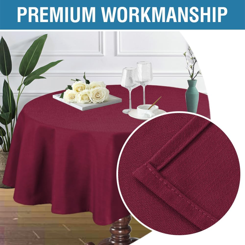 H.VERSAILTEX Linen Textured Table Cloths Round 70 Inch Premium Solid Tablecloth Spill-Proof Waterproof Table Cover for Dining Buffet Feature Extra Soft and Thick Fabric Wrinkle Free, Christmas Red