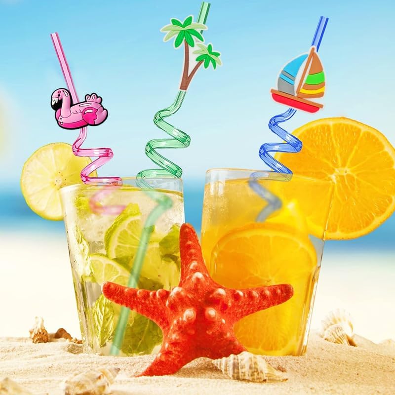 24Pcs Summer Beach Pool Party Favor Drinking Straws, Pool Party Decorations Supplies, Pool Party Favors for Kids Birthday, Crazy Silly Straws for Beach Theme Party Decorations