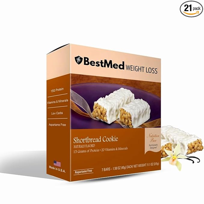 BestMed - High Protein Nutrition Bar - Low-Carb, 15g Protein, Low Sugar, High Fiber, Low Calorie, Meal Replacement Bar (Shortbread Cookie, 3 Box - 21 Count)