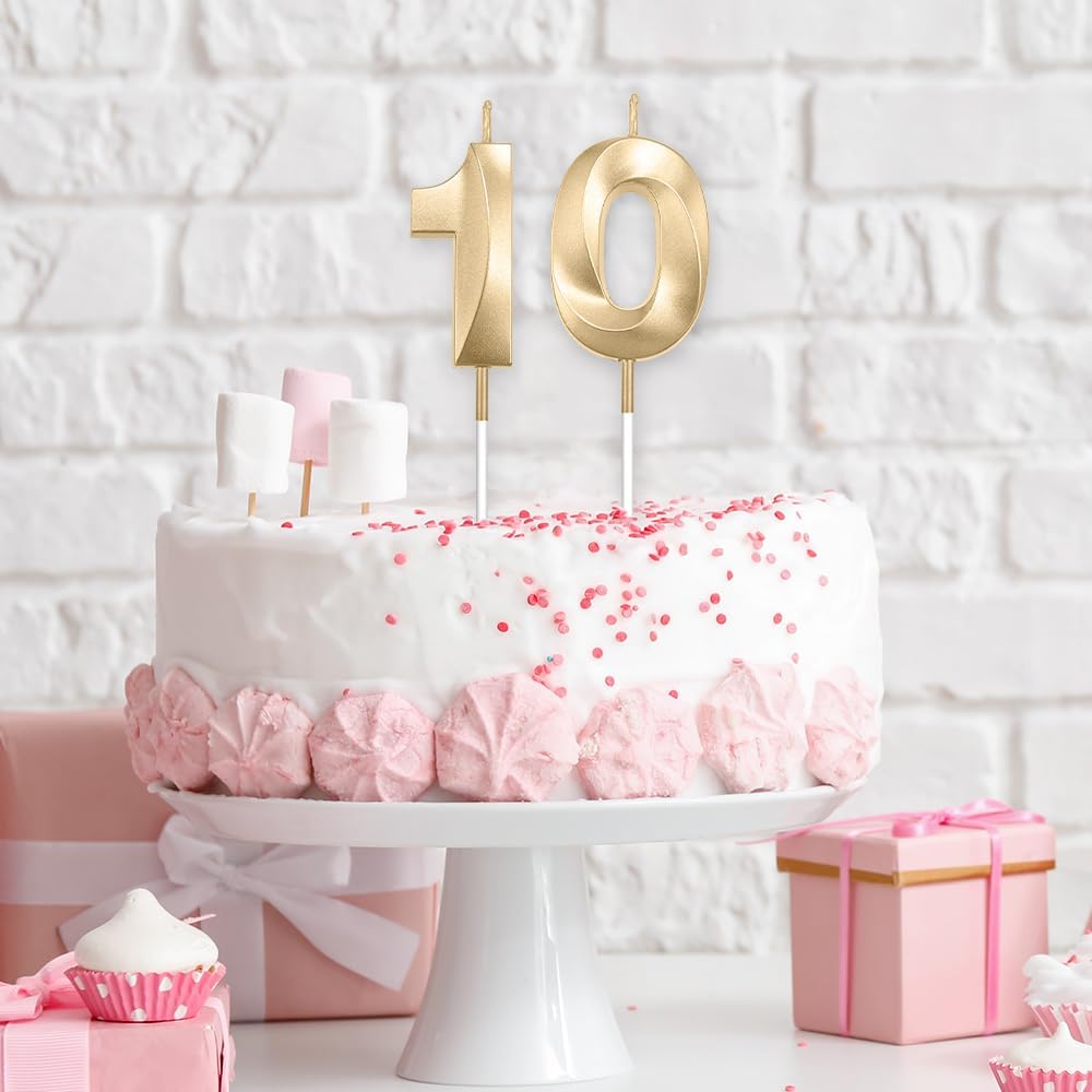 10th Birthday Candles Number Candles 10th Birthday Candle 3D Diamond Shape Number Candles Numeral Birthday Cake Topper Cake Candles for Birthday Decoration Theme Party Cake Decoration Champagne Gold