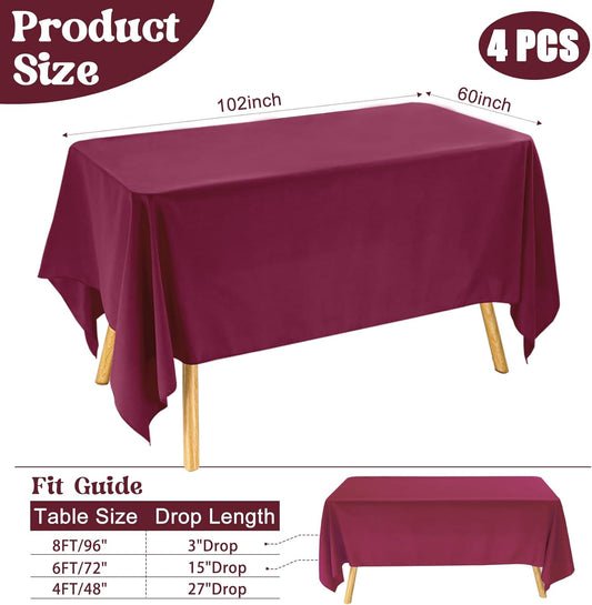 4 Pack Rectangle Tablecloth 60x102 Inch Burgundy Washable Polyester Table Cover for Wedding Dining Table Buffet Parties Banquet Decoration（Burgundy）