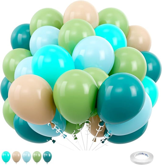 Kelfara Dusty Blue and Green Balloons, 80 pcs 12 Inch Retro Avocado Green Sea Blue Teal Nude Balloons for Birthday Baby Shower Graduation Engagement Bridal Shower Party Decorations