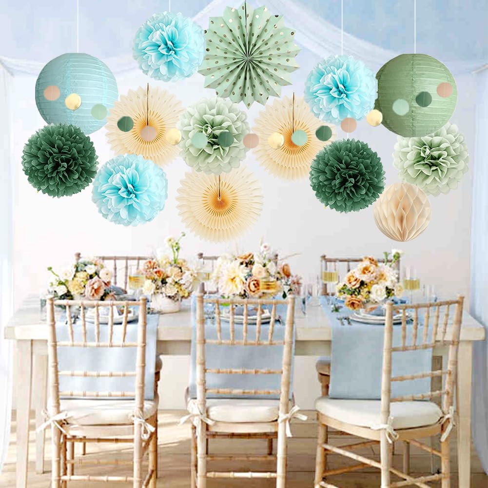 Sage Green and Blue Party Decorations Paper Lanterns Light Blue and Sage Green Baby Shower Decorations Beige Paper Fans Olive Pom Poms for Bridal Shower Wedding Engagement Birthday Bachelorette Party