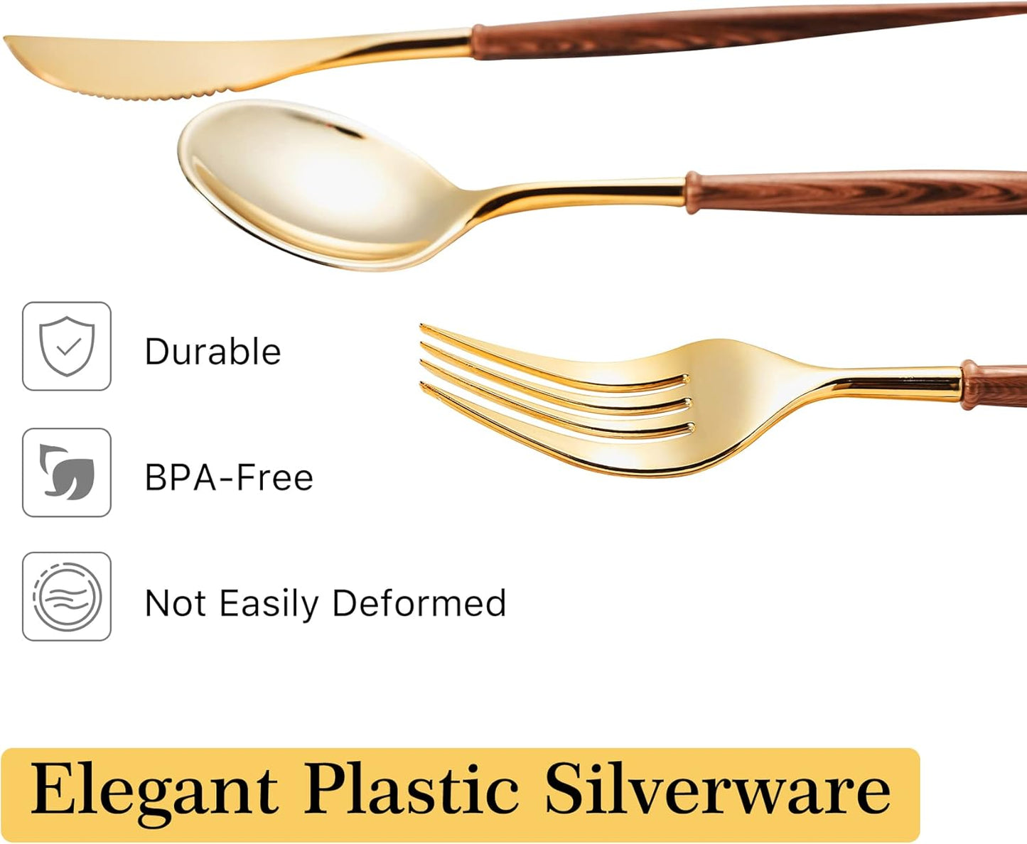 Lullaby 60pcs Gold Plastic Silverware, Gold Disposable Cutlery with Wood Grain Handle Include 20 Forks, 20 Spoons, 20 Knives, Elegant Disposable Silverware for Wedding, Party, Gathering, Daily Use