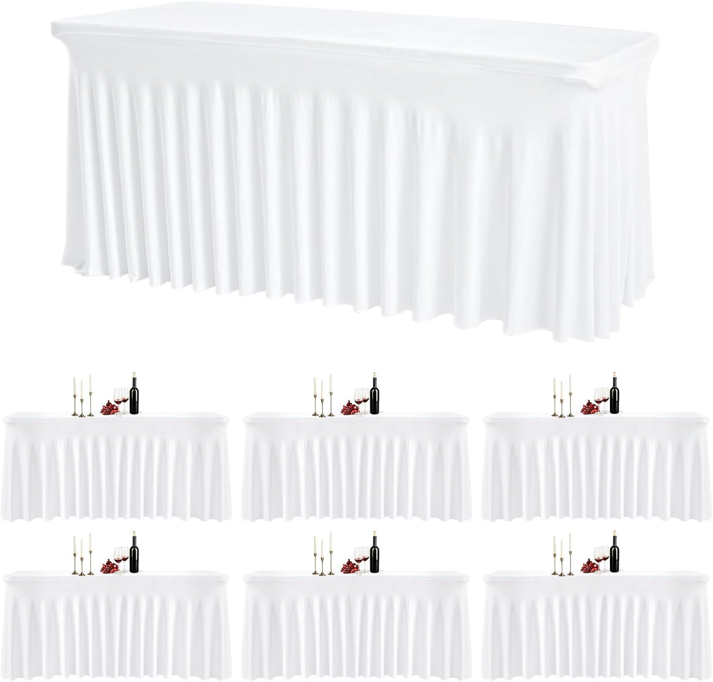 6 Pack White Rectangle Tablecloth 72 Inch with Elastic Skirt - Wrinkle-Resistant Spandex Fitted 6FT Table, Stretchable Table Cover for Wedding Banquet Birthday Party Buffet Restaurant
