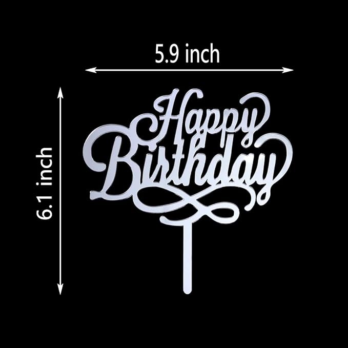 Happy Birthday Cake Topper - Birthday Party Decorations, Mirror Silver Acrylic