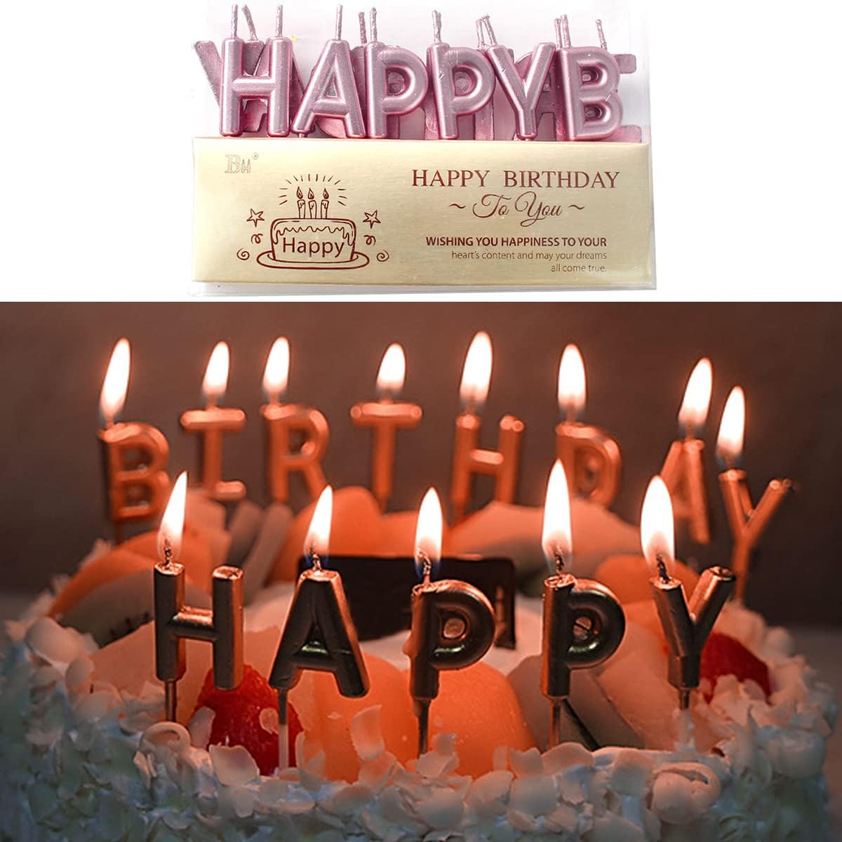 Rose Gold Cake Topper Decorations with Happy Birthday Candles, Acrylic Birthday Cake Topper, Confetti Balloon and Paper Fans for Rose Gold Theme Birthday Party Décor