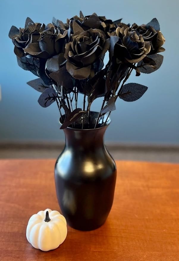 Black Roses Artificial Flowers, 12 Pcs Fake Rose in Bulk, Long Stem Realistic Silk Roses Bouquet for Centerpieces Flower Arrangement, Halloween Home Decor, Gothic Decoration (Black2, 12-PCS)