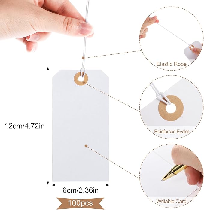 100pcs Large Price Tags with String Attached White Hang Paper Tags with Elastic String Reinforced Hole Writable Valentines Gift Tag Inventory Tag 4.76''×2.36''