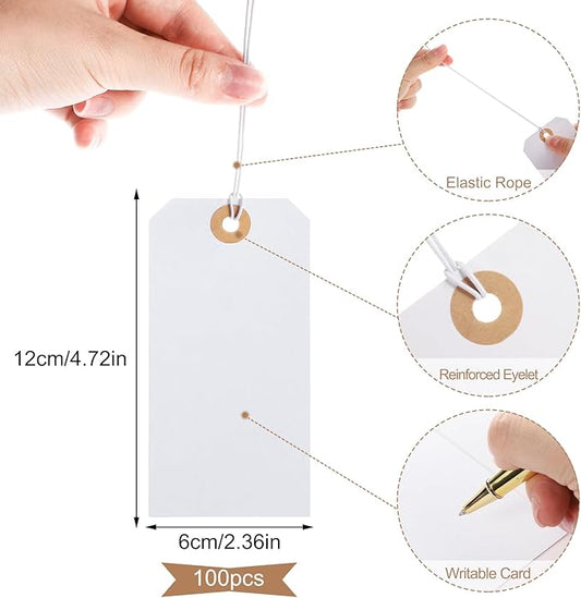 100pcs Large Price Tags with String Attached White Hang Paper Tags with Elastic String Reinforced Hole Writable Valentines Gift Tag Inventory Tag 4.76''×2.36''