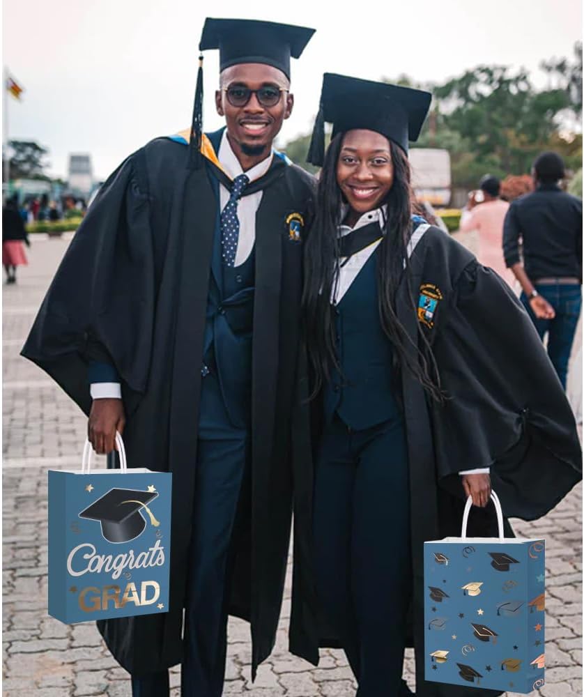 12 Pieces Graduate Gift Bags, Graduation Party Favor Gifts Wrapping Bags for Graduation Season Theme Party Supplies Decoration (Blue Gold)