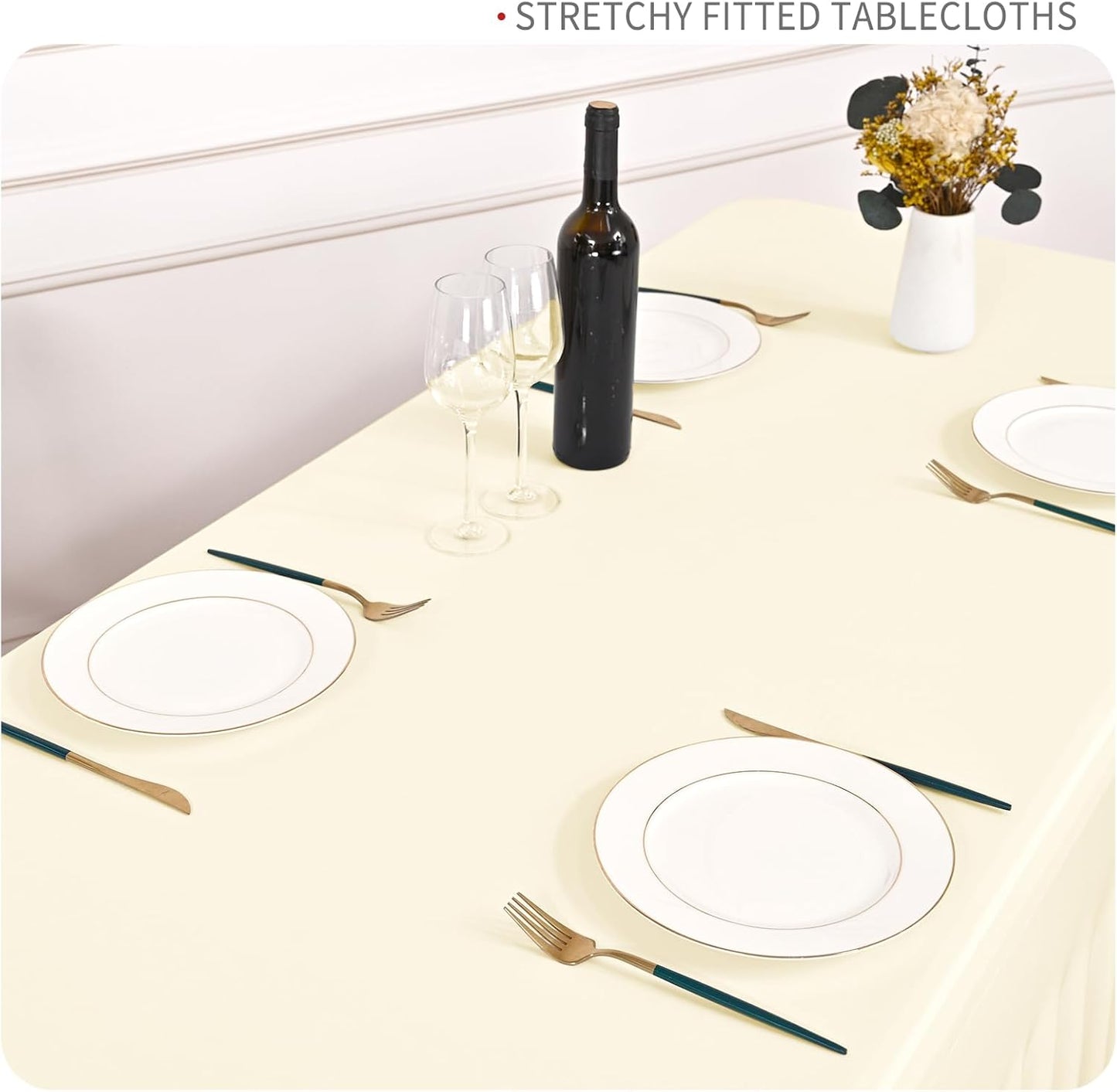 2 Packs Ivory Stretch Table Skirts for 8 Foot Rectangle Table, Washable Spandex Stretch Tablecloths with Skirt, Wrinkle Resistant Fitted Tablecover for Wedding Party Banquet