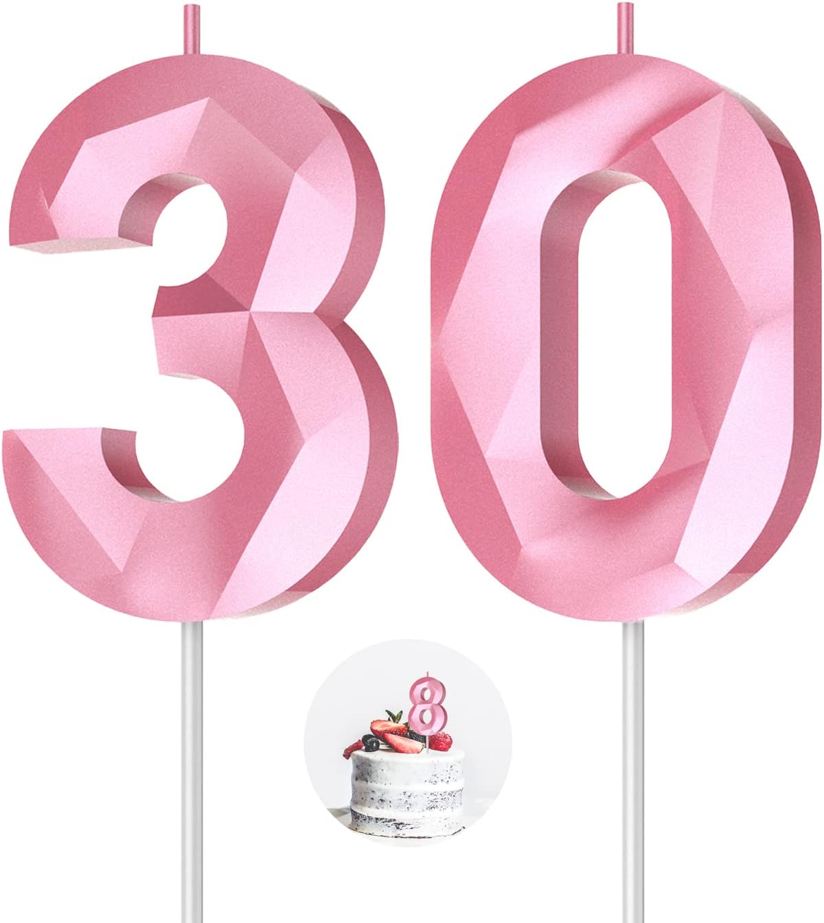 Number Birthday Candles(30 Candle Pink) 3D Diamond Shape 30th Happy Birthday Cake Topper Decorations for her him Birthday Wedding Anniversary Celebration Theme Party Supplies