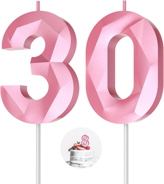 Number Birthday Candles(30 Candle Pink) 3D Diamond Shape 30th Happy Birthday Cake Topper Decorations for her him Birthday Wedding Anniversary Celebration Theme Party Supplies