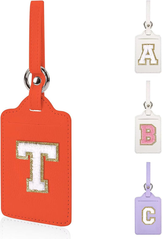 Personalized Initial Luggage Tags for Suitcases, Leather Chenille Letter Cute Luggage Tags with Privacy Name Card, Embroidered Travel Bag Backpack Tags Gifts for Women Kids Girls Teens(Orange-T