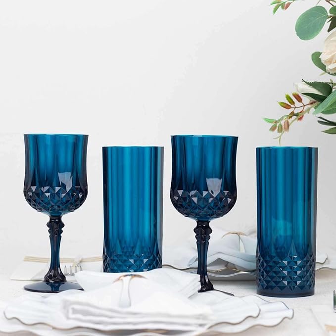 Efavormart 6-Pack Plastic Wine Glasses 8oz, Navy Blue - Crystal Cut Shatterproof Cocktail Goblets Drinking Glasses