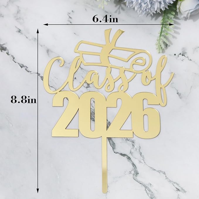 Mirror Acrylic Class of 2026 Cake Topper, Congrats Grad Cake Toppers - Gold Glitter Graduation Party Decorations