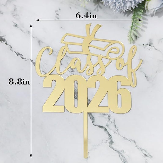 Mirror Acrylic Class of 2026 Cake Topper, Congrats Grad Cake Toppers - Gold Glitter Graduation Party Decorations