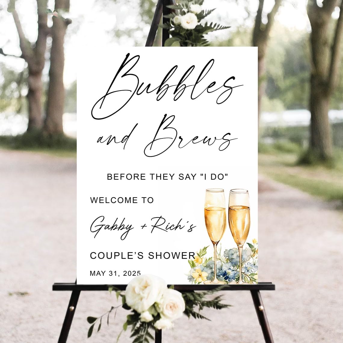 Personalized Greenery Eucalyptus Bubbles and Brews Couples Shower Welcome Sign, Gold Modern Minimalist Wedding Shower Bridal Party Decoration, Outdoor Plastic Sign Weatherproof #2
