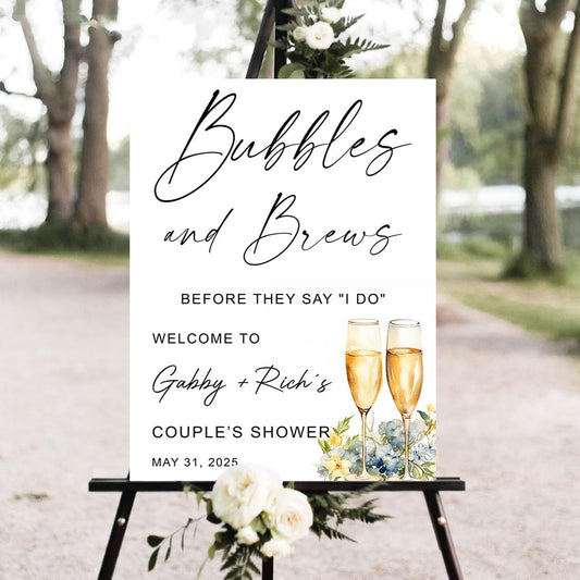 Personalized Greenery Eucalyptus Bubbles and Brews Couples Shower Welcome Sign, Gold Modern Minimalist Wedding Shower Bridal Party Decoration, Outdoor Plastic Sign Weatherproof #2
