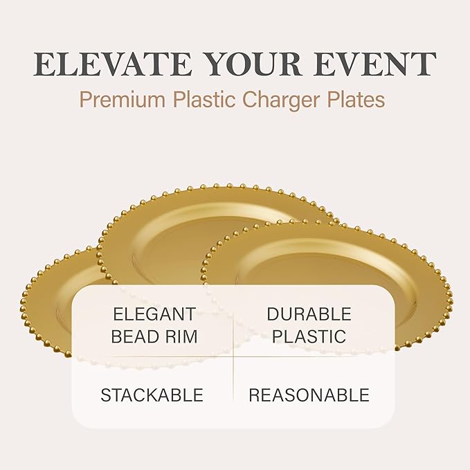 PLASTICPRO Gold Plastic Charger Plates with Beaded Edge – Pack of 8 – 13" Elegant Round Disposable Chargers for Weddings, Events, Parties, and Dinners