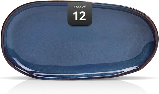 Organic Shape Restaurant Serving Tray 13” X 7", Commerical Grade Catering Stoneware Tray in Ir-regular Organic Shape, Chip & Scratch Resistant, Glossy Reactive Glaze Blue, Case of 12
