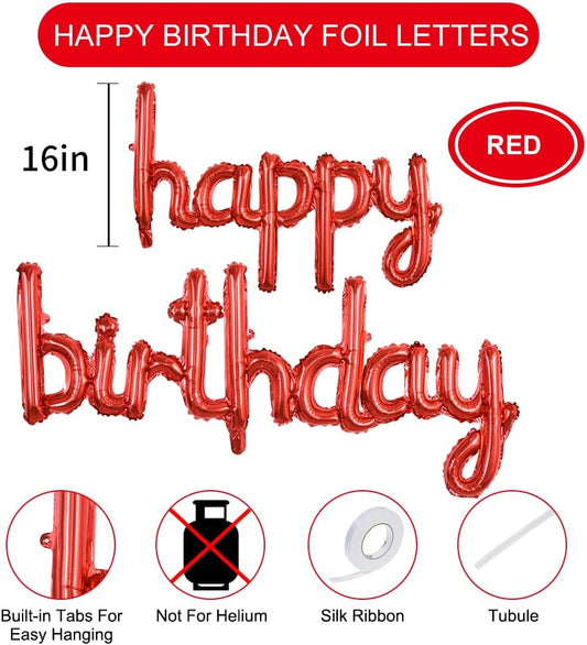 TONIFUL Red Happy Birthday Balloons Banner, 16 Inch Mylar Foil Script/Cursive Letters Birthday Sign Banner Balloon Reusable Material for Girls Boys Kids & Adults Birthday Decorations