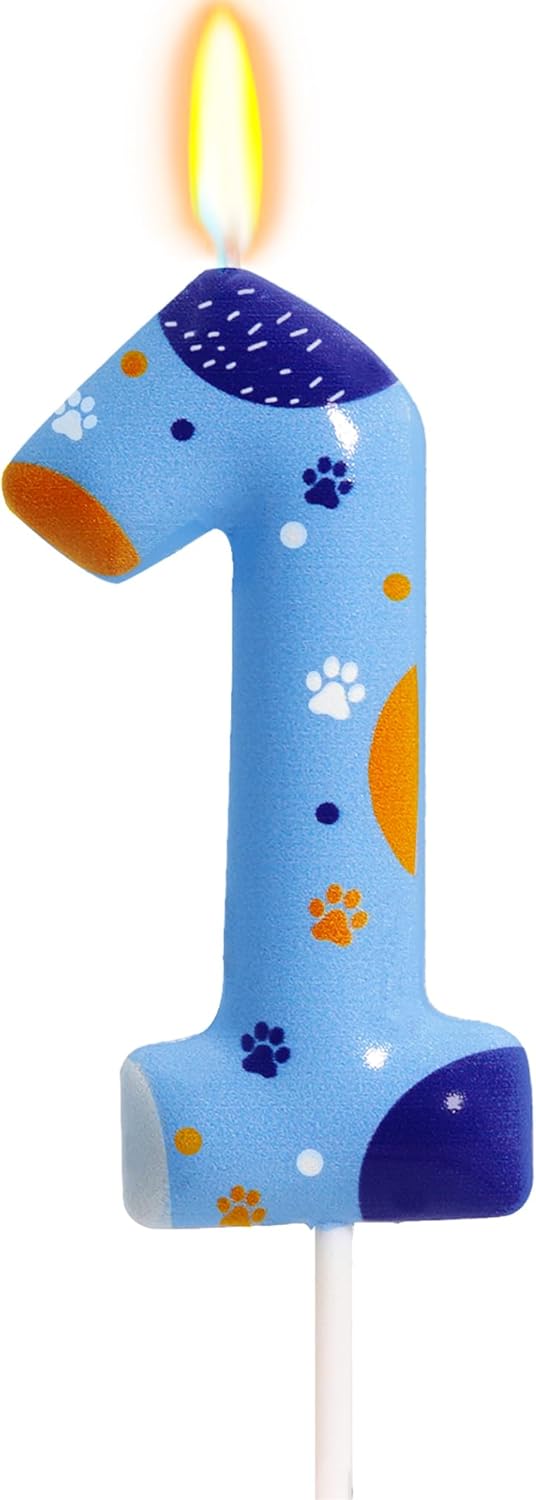 Blue Orange Dog Paw Birthday Candles, Number 1 Print Party Supplies, 2.76 Inch Cake Topper Decorations (Number 1)